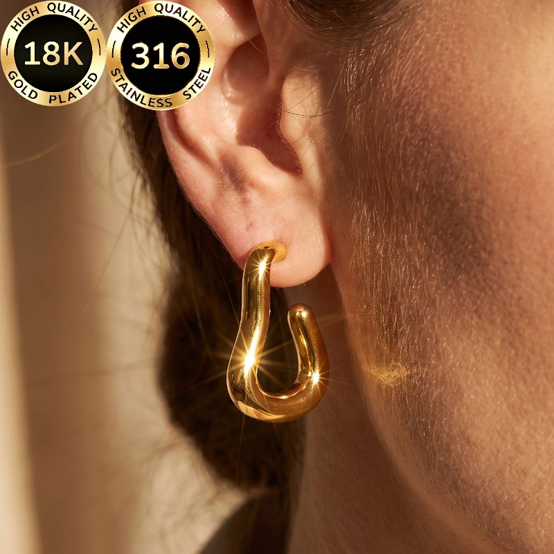 Women's 18K Gold Plated Hypoallergenic Stainless Steel Curved Stud Earrings